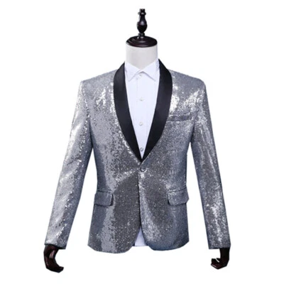 Men Glitter Sequin Peak Lapel Suit Jacket Blazer Top Wedding Prom Dance Show - Image 1 of 4