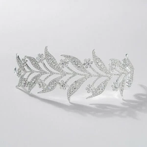 4.5cm Wide Big Leaves Crystal Wedding Bridal Party Pageant Prom Tiara Crown - Picture 1 of 3