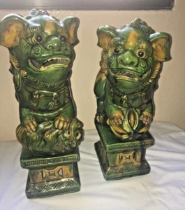 Unique Pair FenShui Foo Dog Chinese Green Porcelain Hand Carving - Picture 1 of 11