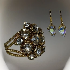 Vintage Damen Ring und Ohrring Set goldfarben Strass Cluster Nugget - Bild 1 von 18