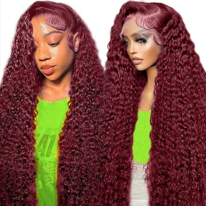 Kivolin 99j Burgundy Lace Front Wigs Human Hair 28 Inch Deep Wave Lace Front ... - Picture 1 of 9