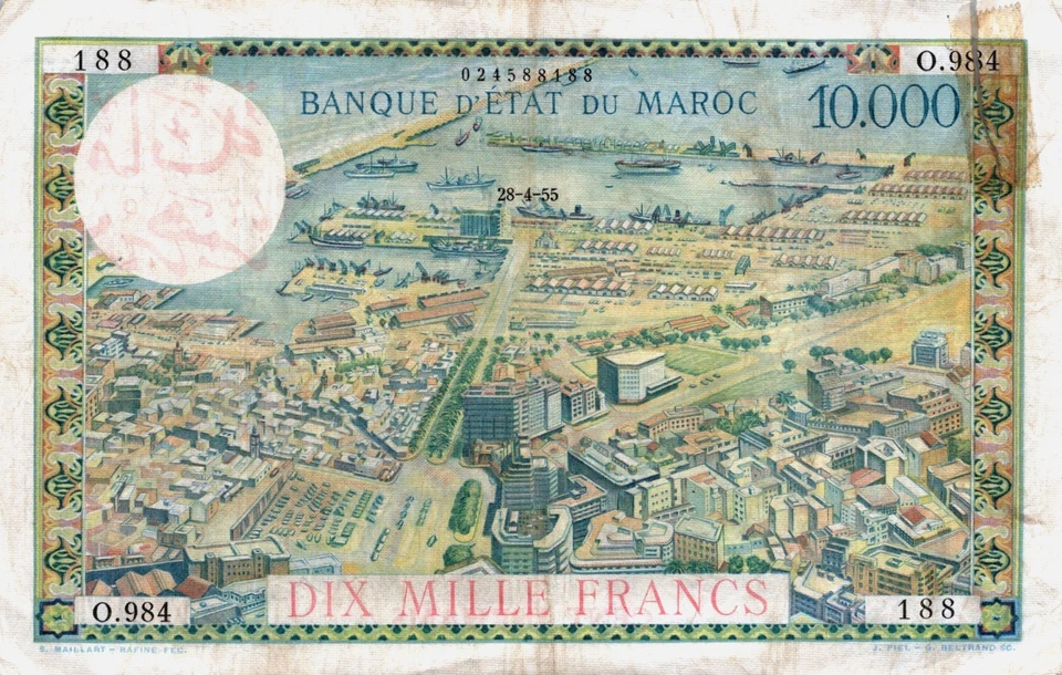 Marruecos 10.000 francos 1955 Pick# 52 fino Foto 1 de 3
