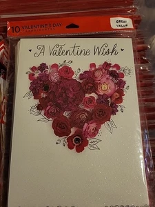 10 PACK HALLMARK A VALENTINE WISH Cards + Envelopes, Heart Floral Pattern - Picture 1 of 2