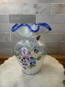 Fenton French Opal Iradescnt Spiral Hand Painted Vase Signed 95th Anniversary - Picture 1 of 13
