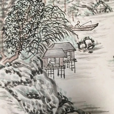 Tablero de arte japonés de colección papel Shikishi pintado a mano cerezo en flor montañas A280 Foto 1 de 4