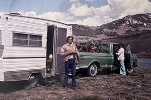 Vintage Photo Slide 1973 People Camper Green Ford Truck Camping Dirt Bikes - Picture 1 of 2