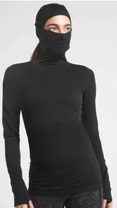 Athleta Black Flurry Balaclava Rib Top w/ Built in Hood Face Base Layer Size S - Picture 1 of 11