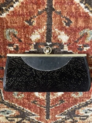 Bolso sin asas vintage Bob Mackie negro gamuza/terciopelo dorado punteado - Bolso de noche - Cartera Foto 1 de 4