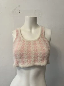 Shein Pink White Plaid Small Fuzzy Acrylic Crop Scoop Neck Crop Top Punk Tank - Picture 1 of 5