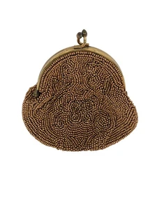 Vintage Hand Perlen Münzetui braun gold Tasche von Josef Gold Kiss Lock Verschluss - Bild 1 von 9