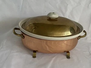 Copper  Brass Baking Dish Holder Lid  White Ceramic Dish Included - Picture 1 of 9