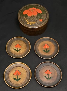Antique 1920s Japanese Hand Carved Painted Box & 4 Coaster Set Floral Flowers. - Picture 1 of 15