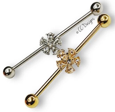 Barra Industrial 14g Plata Oro IP Blanco Brillo Circonita Filigrana Flor H69-70 Foto 1 de 2