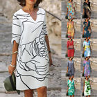 Womens Printed Half Sleeve T-shirt Dress Ladies V Neck Midi Casual Summer Dress