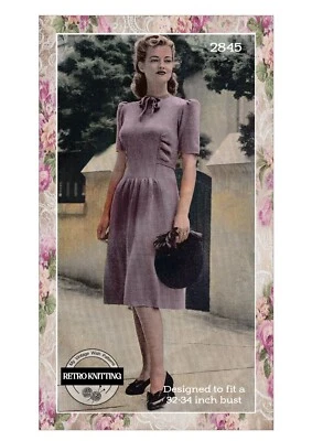 1940s Pretty Bow Tie Dress Vintage Knitting Pattern Bust 32-34 - Image 1 of 2