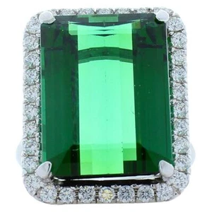 32.00 Carat Emerald Cut Green Tourmaline and Cubic Zirconia Ring in 925 Silver - Picture 1 of 5