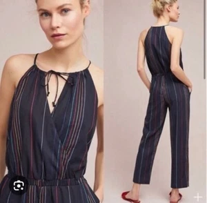 Anthropologie Dolan Striped Halter Jumpsuit Navy Blue Rainbow Lined Pockets XS - Picture 1 of 8