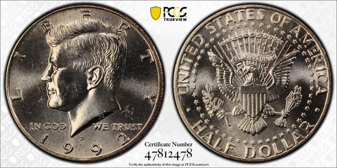 1992 P 50c KENNEDY HALF DOLLAR PCGS MS64 Protected by Gold Shield & TrueView Cover