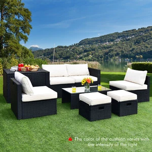 8PCS Rattan Patio Sectional Furniture Set w/ Waterproof Cover & Off White - Picture 1 of 7