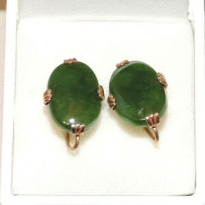 Victorian 9ct Rose Gold Green Jade Oval Screw Back Earrings 5.3 g Cb 84