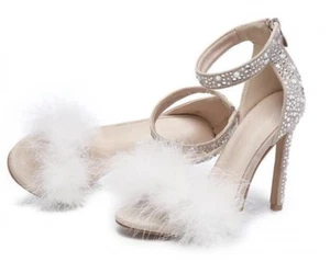 Women's Fashion Summer Peep Toe Fur Trim Diamante Dress High Heels SZ 7.5 (z13) - Picture 1 of 12