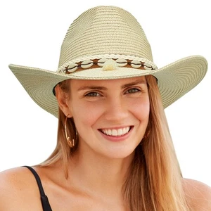 Straw Cowboy Sun Hat for Women and Men, Wide Brim Summer Beach Shell Belt Cow... - Picture 1 of 8