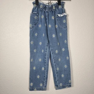 Mini Boden Embroidered Daisy Print Jeans Girls Heart Pockets Elastic Waist Sz 6y - Picture 1 of 5