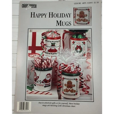 Leisure Arts Happy Holiday Mugs Cross Stitch Patterns Santa, Snowman, Wreath - Image 1 of 4