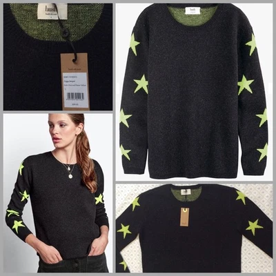 New Hush Ziggy Jumper sz S £89 STAR MERINO WOOL Charcoal Grey Winter Neon Xmas - Image 1 of 4
