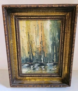 Vintage gerahmtes modernes Segelboot Stillleben Original Ölgemälde 9 1/4" T 7 1/4" W - Bild 1 von 6