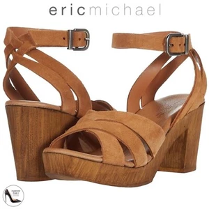 Eric Michael Luna Tan Suede Leather Clog Sandals Block Heel brown boho shoes 38 - Picture 1 of 6