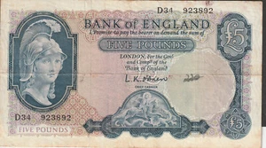 GB. 1957-61 Britania head Five pound note sig L K O'Brien near v/f - Picture 1 of 2