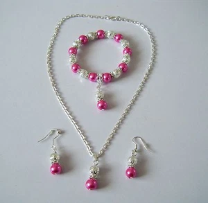 PEARL NECKLACE EARRING & BRACELET SET IDEAL BRIDESMAID FLOWER GIRL 10 COLOURS - Picture 1 of 26