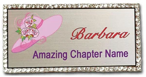 #118PK RED HAT SILVER BLING CRYSTAL EDGED PERSONALIZED NAME BADGE PIN FASTENER - Picture 1 of 2
