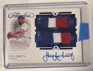 Jake Arrieta 2022 Panini Flawless Tri Color Patch Auto Blue 5/7 Chicago Cubs