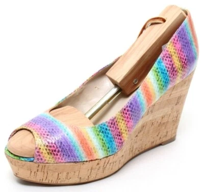 Nine West Cheerful Exotic Textured Rainbow Peep Toe Slip On Cork Wedges Size 7 M - Image 1 of 4