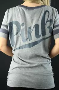 Victoria's Secret PINK V Neck Short Sleeve Perfect Tee Cursive Graphic Top - Picture 1 of 2