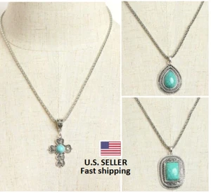 Women's Fashion Jewelry Vintage Turquoise Tibetan Silver Chain Pendant Necklace - Picture 1 of 7