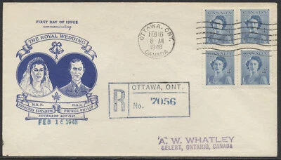 1948 #276 4c Royal Wedding FDC Block Royal Couple Cachet Registered Ottawa - Image 1 of 2