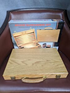 Beautiful Vintage Solid Oak Deluxe Backgammon Set Complete Excellent