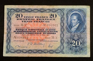 Geldschein Schweiz 20 Franken 9 März 1950 26X NO. 036662 Banknote - Bild 1 von 9