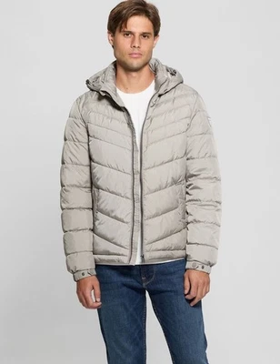 Abrigo acolchado ecológico con capucha GUESS para hombre Chaqueta de invierno pequeña tradicional caqui tostado Foto 1 de 4