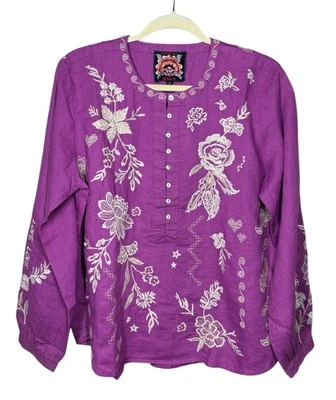 Johnny Was XL Field Henley Blouse Pink Linen Shirt Embroidered Button Shirt - Image 1 of 4