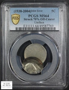(1938-2004) MAJOR 70% OFF CENTER Mint Error Jefferson Nickel 5C PCGS MS 64 - Picture 1 of 6