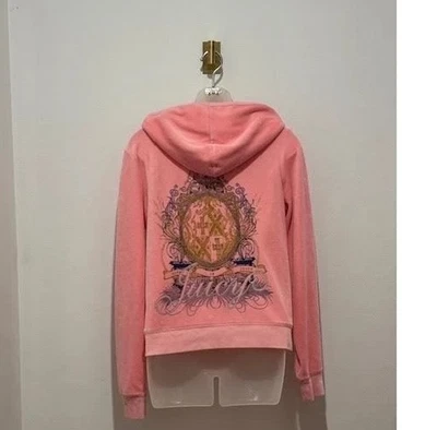 Juicy Couture VINTAGE Y2K Women's Embroidered Pink Velour Zip Hoodie - Size XL - Image 1 of 4