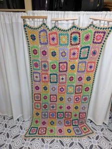 Granny square Croqueted Blanket Afghan Tan Flowers bright Colors Throw 40"x80" - Picture 1 of 7