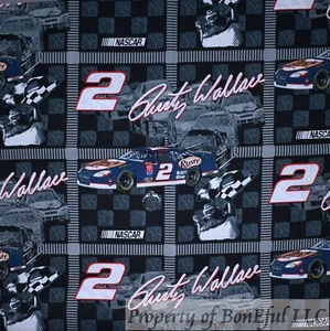 BonEFul FQ Cotton Quilt Black White B&W Nascar Race Car 2 Rusty Wallace Block US - Picture 1 of 12
