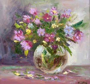FLOWERS STILL LIFE OIL PAINTING ORIGINAL SIGNED 12X12 collectible artwork - Picture 1 of 4