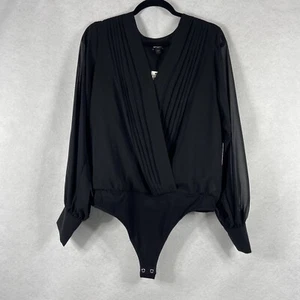 Express Bodysuit Women’s Large Black Wrap Front V-Neck Long Sleeve Chiffon NWT - Picture 1 of 11