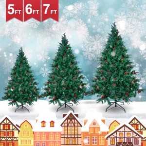 5/6/7Ft Christmas Tree White Green Xmas Rree Decor Xmas Pine Cone + Red Fruit - Picture 1 of 88